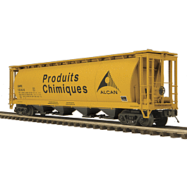 100-Ton 4-Bay Cylindrical Covered Hopper - 3-Rail - Ready to Run - Premier(R) -- Alcan (yellow, black, Billboard French Lettering)