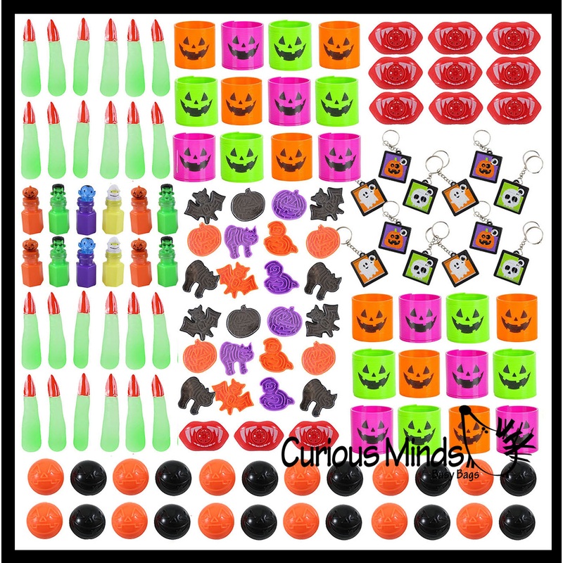132 Piece Halloween Party Favor Set - Trick or Treat Spring Coils, Poppers, Glow Fingers, Pill Mazes, Bubbles , Small Novelty Toy Prize Assortment Gifts (11 Dozen)