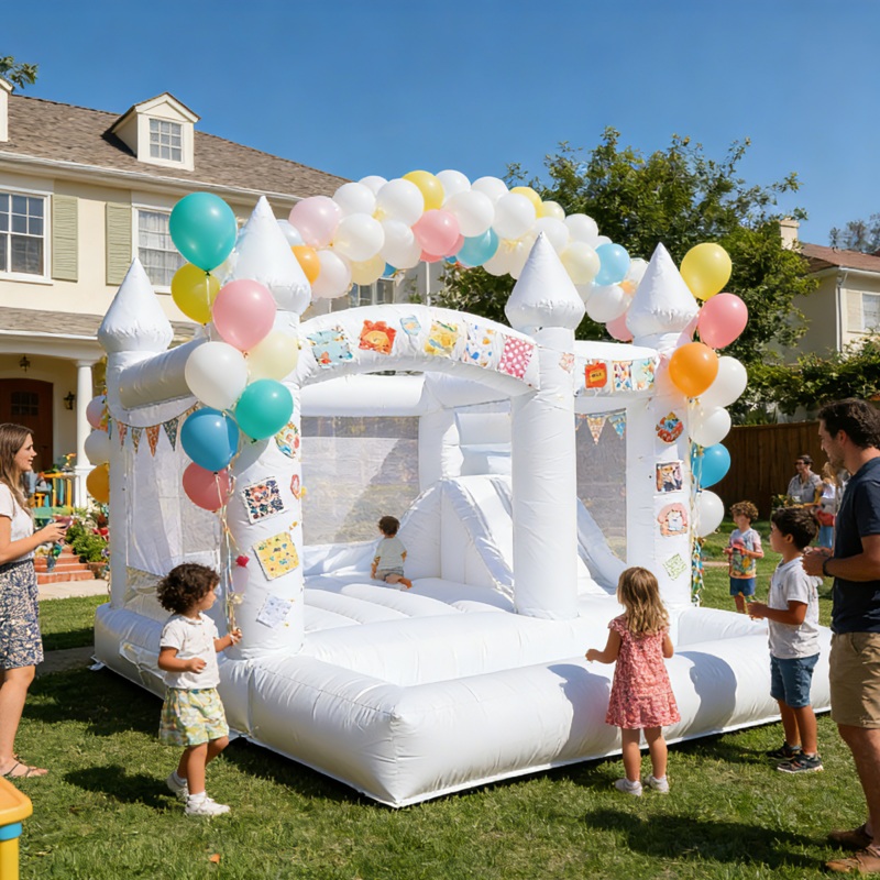 13ft Commercial White Bounce House for Kids White Jumping Castle with Slide & Ball Pool for Biday Backyard Toys