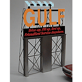 Animated Neon Billboard w/Photo Etched Stanless Steel Support Structure -- Gulf "Drive Up, Fill Up, Rest Up. Friendliest Service Anywhere."