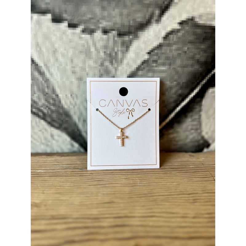 Canvas Meryl Pearl Studded Cross Pendant Necklace in Gold