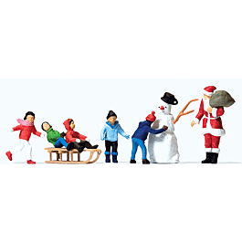 Christmas Figure Set in Merry Christmas Box -- Santa Claus, 5 Children, Snowman & Sled