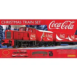 Coca-Cola Christmas Train Set - Standard DC -- Side-Rod Diesel, Boxcar, Container Flat, Track Oval and Power Pack