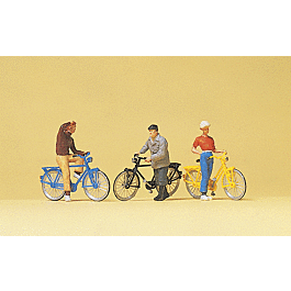 Cyclists Waiting At The Railroad Crossing -- 3 Riders & 3 Bicycles