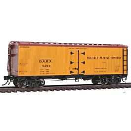 General American 37' Wood Meat Reefer - Ready to Run -- Dugdale Packing GARX (1939 Scheme, yellow, Boxcar Red)