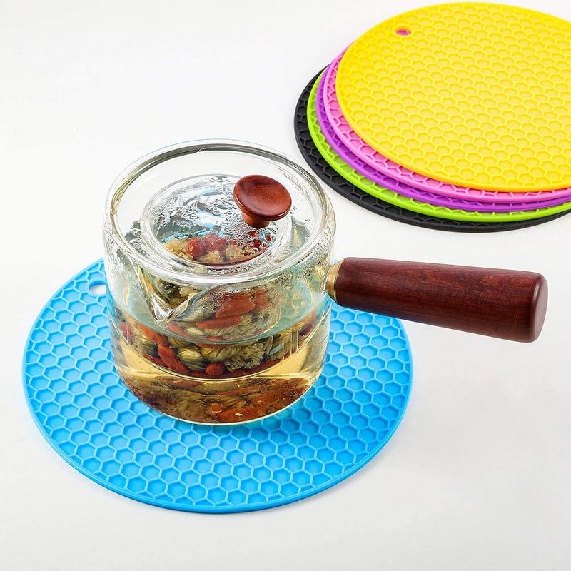 (net) Round Insulation Pad Silicone Placemat Heat Resistant Foldable Anti Slip Silicone Hot Mat Blue