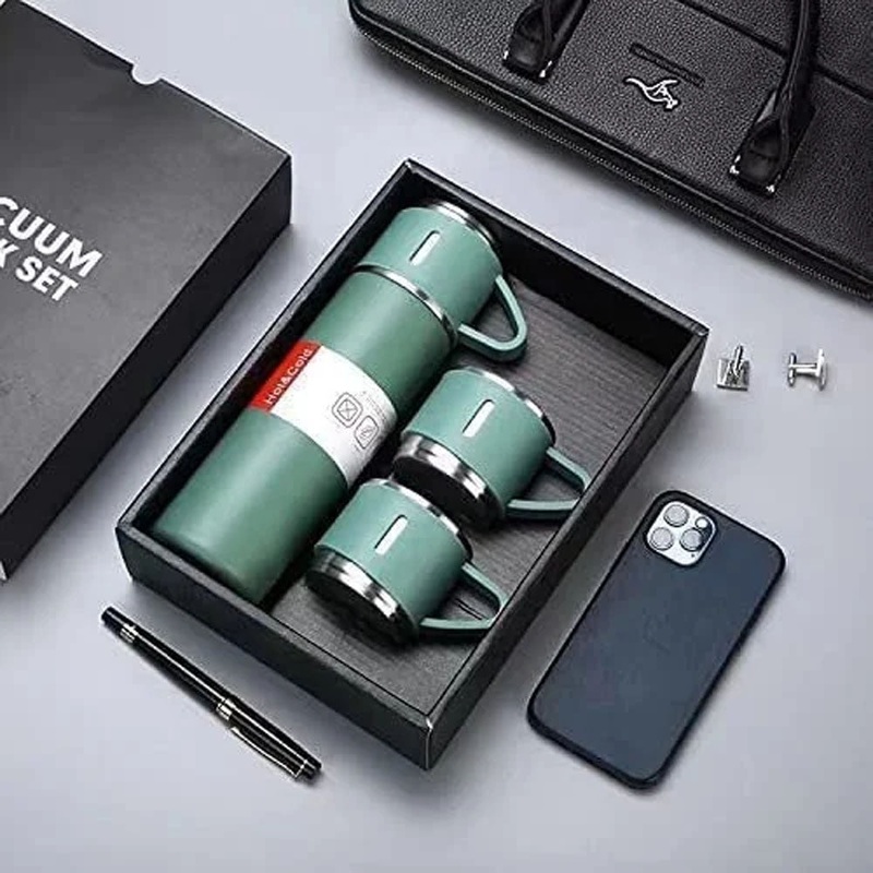 (Net) Thermos Flask Stainless Steel Vacuum Bottle Set 500 ml with 3 Drinking Cups Keeps Hot 24 Hours, Cold 24 Hours, BPA-Free with Gift Box / KZ-24 Black