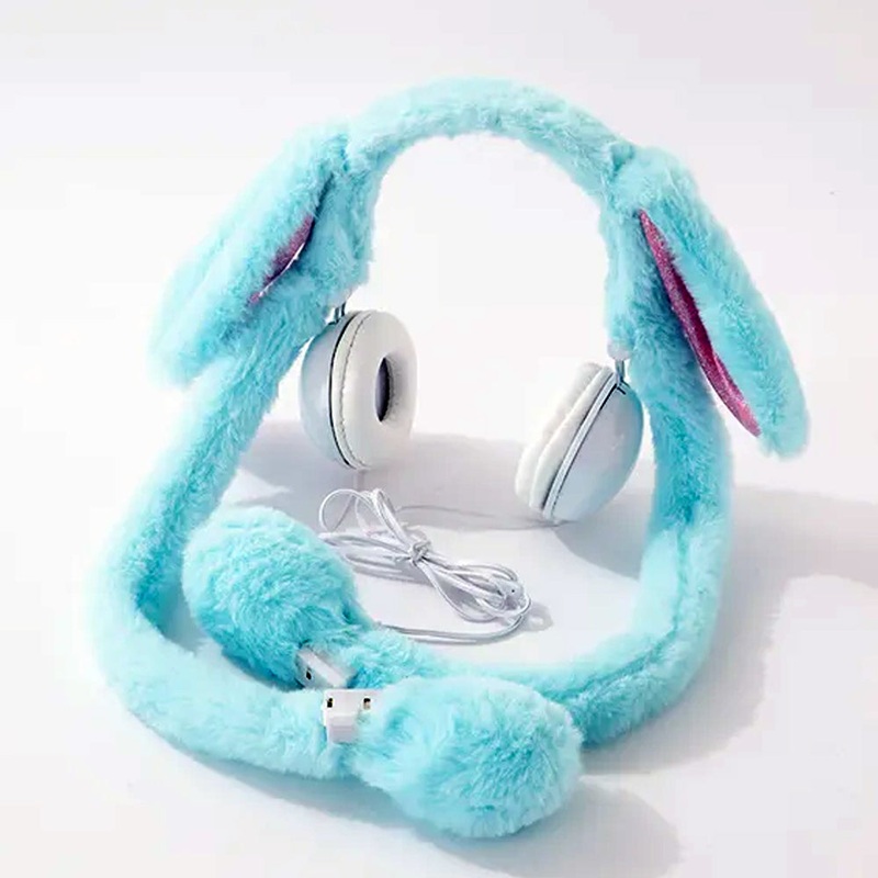 (Net) Warm Earmuff LED Rabbit Ear Headphones - Creative Music Wired Earphones Blue