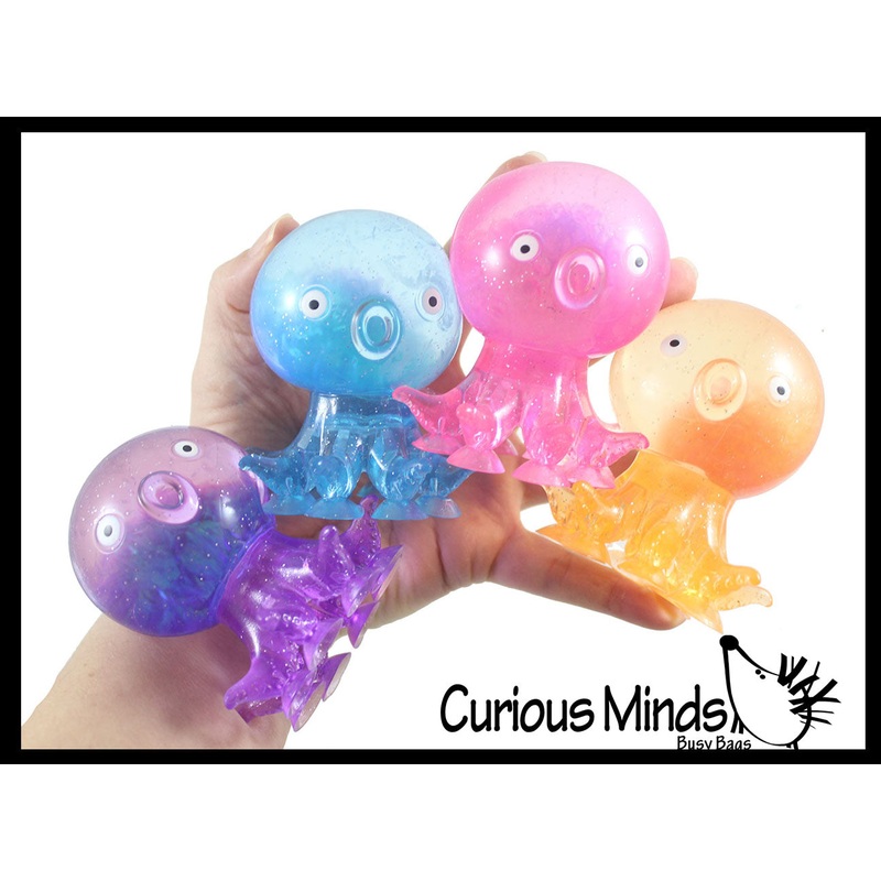 Octopus Fidget Toy - Water and Glitter Filled Octopus with Sticky Suction Cup Feet - Squishy