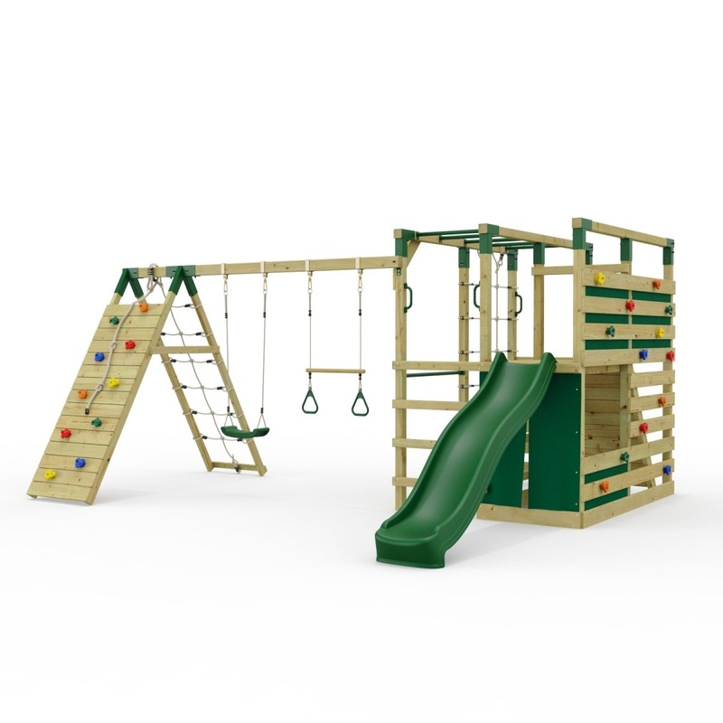 Outdoortoys NinjaPlay Climbing Frame Double Swing Set with Climbing Wall and Slide Green