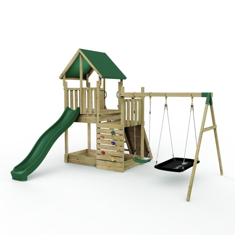 Rebo Modular Wooden Climbing Frame Adventure Playset - M3 Plus Ramp & Double Swing Green