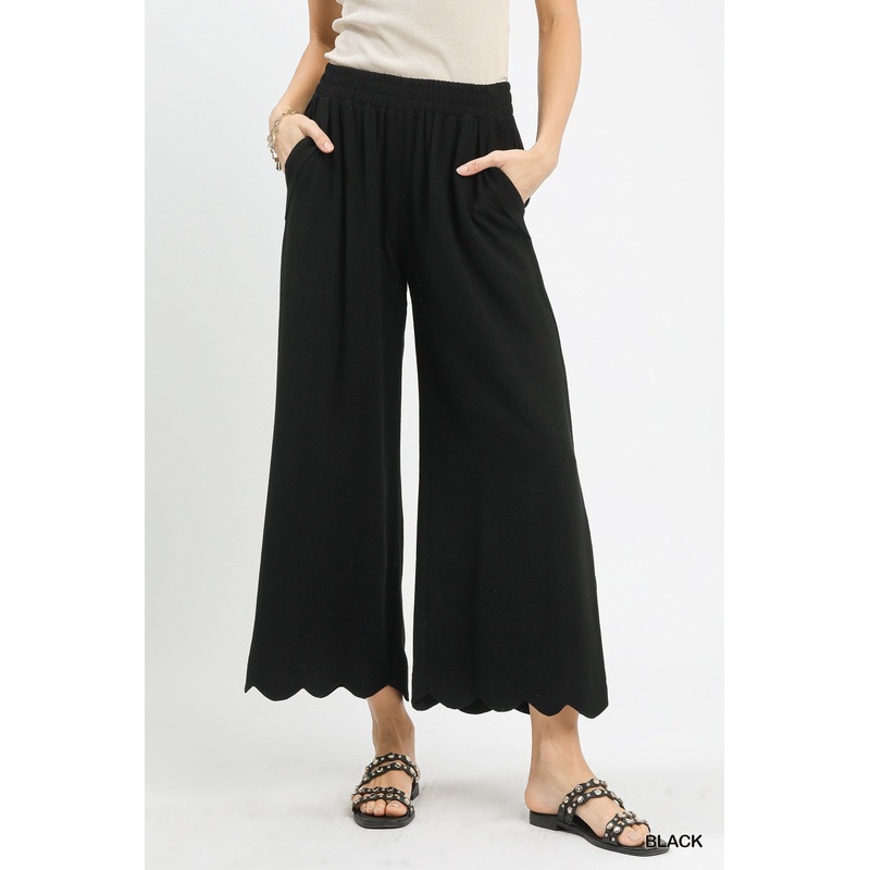 Scallop Hem Linen Pants - Black