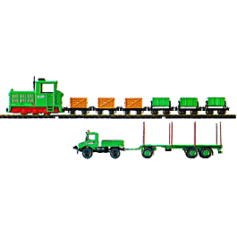 "Schwarz" Diesel Industrial Set - Unpowered -- Truck Train w/Diesel Locomotive,3 Cement & 3 Box Truck & Unimog U1300